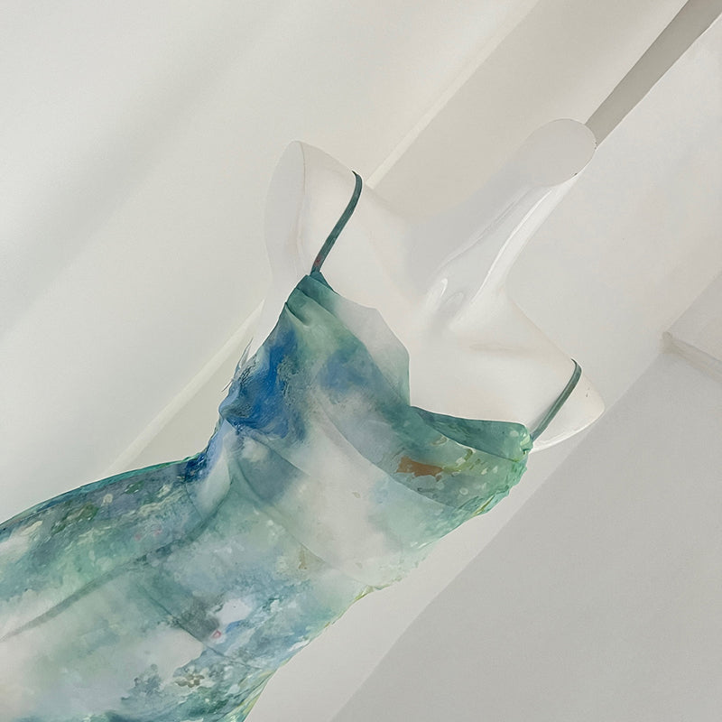 BXOXO - summer inspo Fashion Tie Dyed Printed Suspender Dress for Women Spring Summer Swing Collar Mermaid Dress Vintage Wrapped Fishtail Long Dress