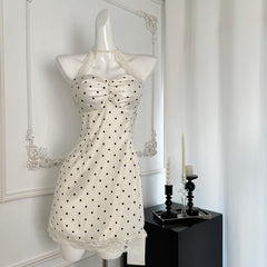 BXOXO - summer inspo Halter Polka Dot Dress Women Summer Gentle Style Sleeveless Sweet Slim Dress Fashion Lace Patchwork A-line Dress
