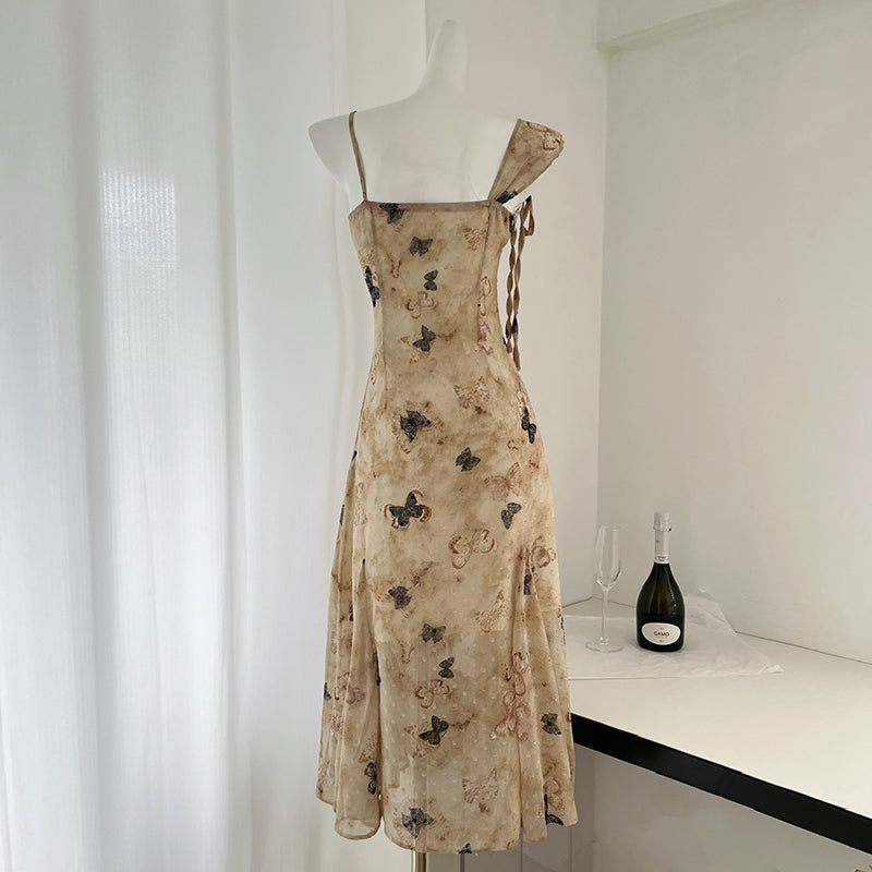 BXOXO - summer inspo Retro Butterfly Dress 2025 Women Summer New Sweet Spicy Chic Design Sense Print Slim Fit Suspender Dress