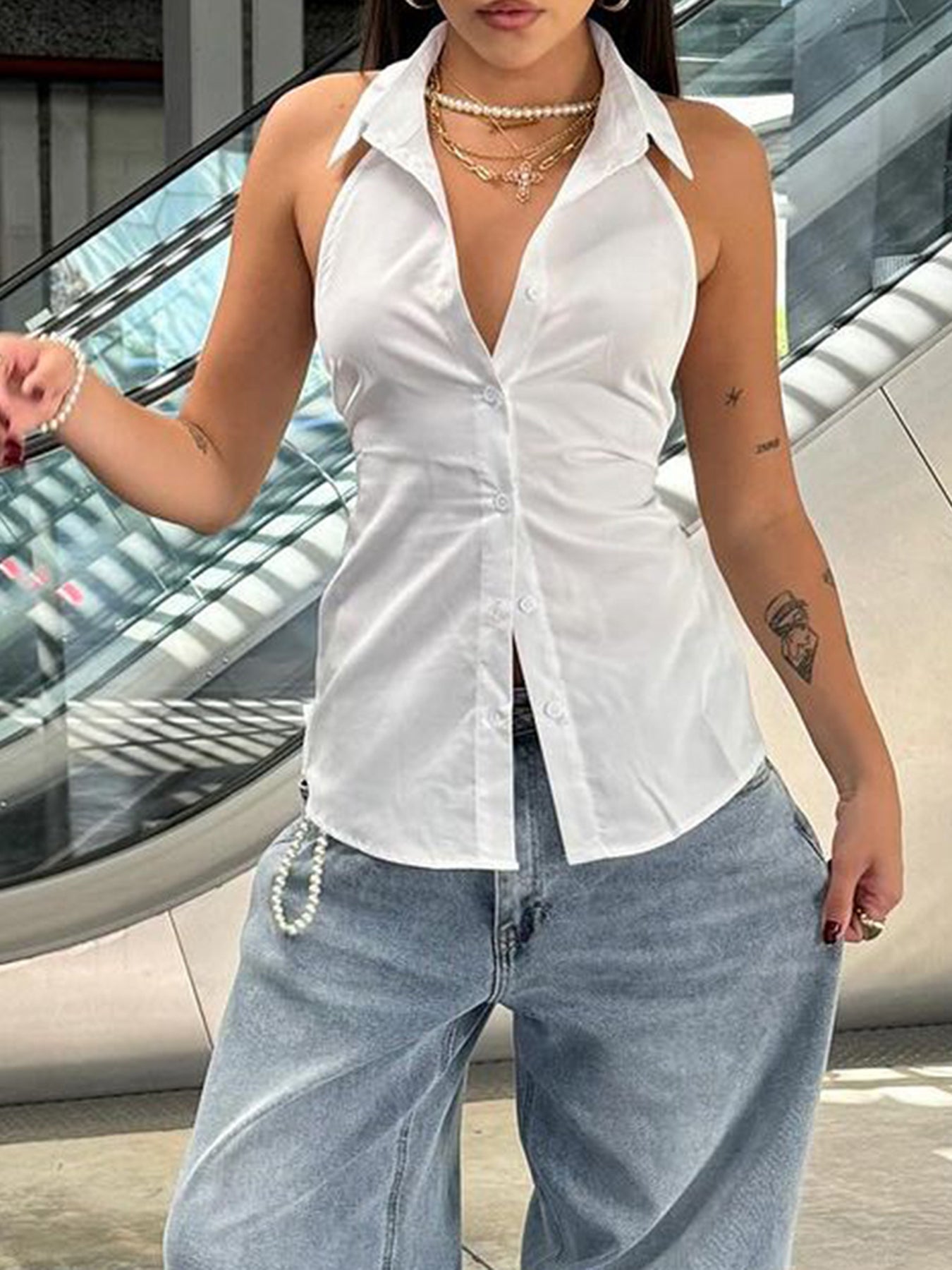 BXOXO - summer inspo Sweetown Sleeveless Backless Tie Bow Shirts For Women Single Breasted Turn Down V Neck Sexy Halter Tops Solid Summer Vacation