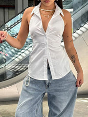BXOXO - summer inspo Sweetown Sleeveless Backless Tie Bow Shirts For Women Single Breasted Turn Down V Neck Sexy Halter Tops Solid Summer Vacation