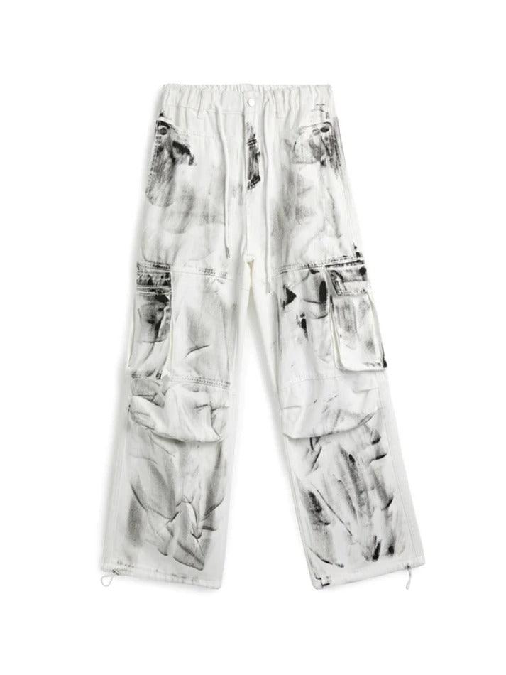 Washed Tie Dye Multi Pocket Lace Up Cargo Jeans