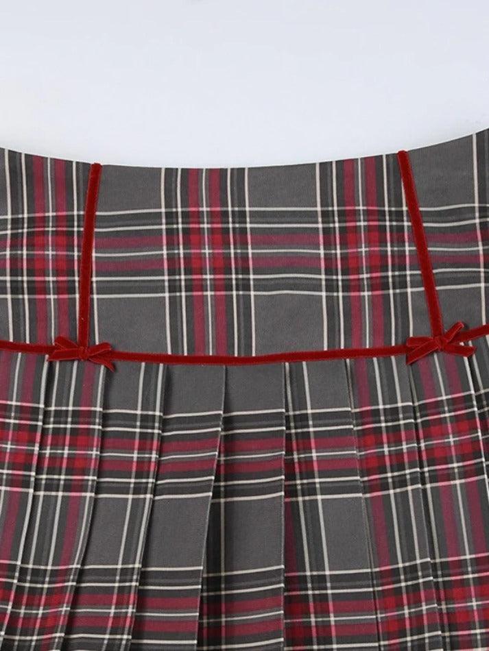Vintage Plaid Print Bow Decor Pleated Low Rise Mini Skirt