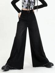 Versatile Black Raw Edge Wide Leg Boyfriend Jeans