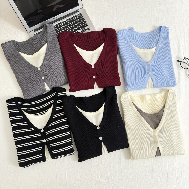 BXOXO - summer inspo Autumn Fake Two-Piece Sweater Women Solid Color Knitted Top Long-Sleeved Pullover Fashion Casual Versatile Slim Fit Female Tops