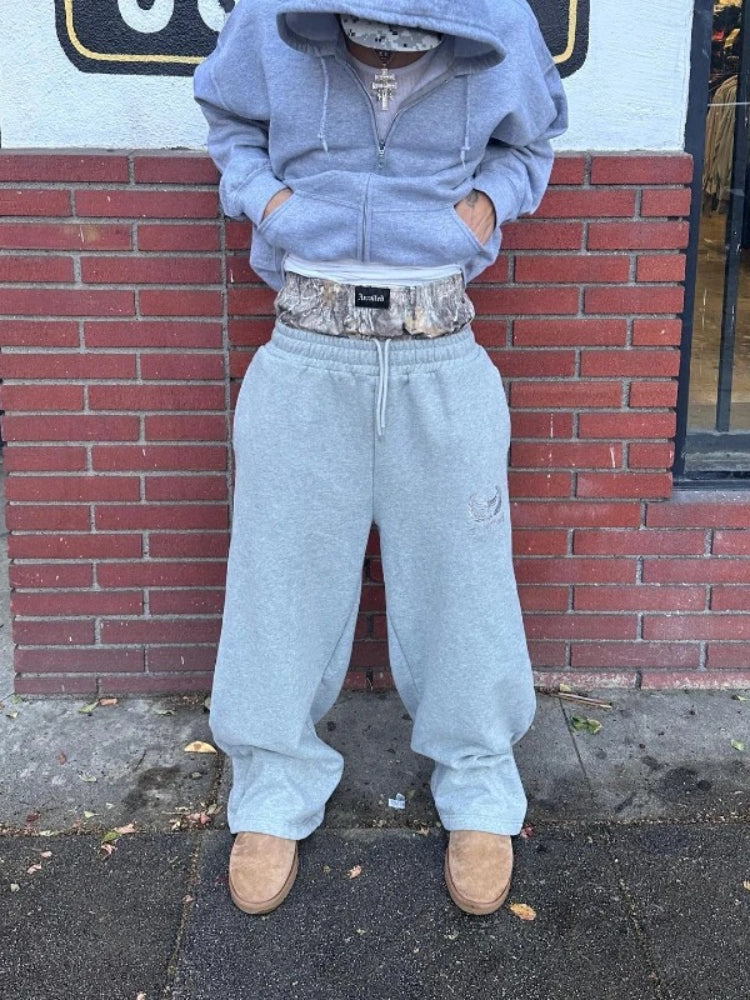 BXOXO Y2K Retro Sweatpants Double Waisted Embroidered Camouflage Pattern Wide Leg Pants Casual Streetwear Unisex Baggy Pants