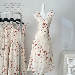 BXOXO - summer inspo French Vintage Butterfly Print Dress Women's Temperament Elegant Seaside Holiday Fairy Sling Dresses 2025 Summer