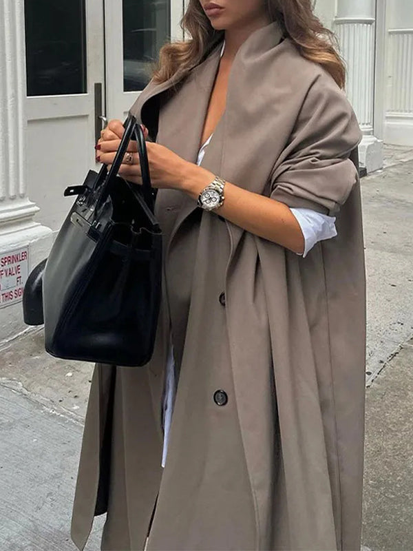 BXOXO Long Sleeves Loose Buttoned Pockets Solid Color Split-Joint Notched Collar Outerwear Trench Coats
