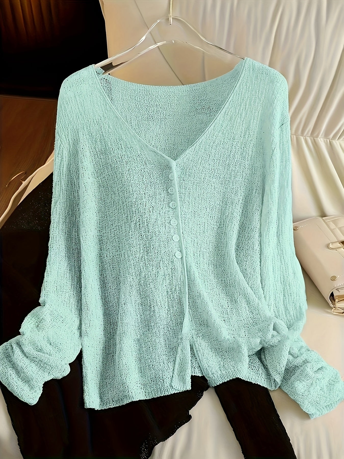 BXOXO Chic Lightweight V-Neck Knit Cardigan - Sheer Summer Shawl with Long Sleeves, Polyester Blend, Perfect for Spring/Summer/Fall, Women’s Casual & Sexy Style, Spring Outerwear | Elegant Open Front | Glossy Knit Fabric