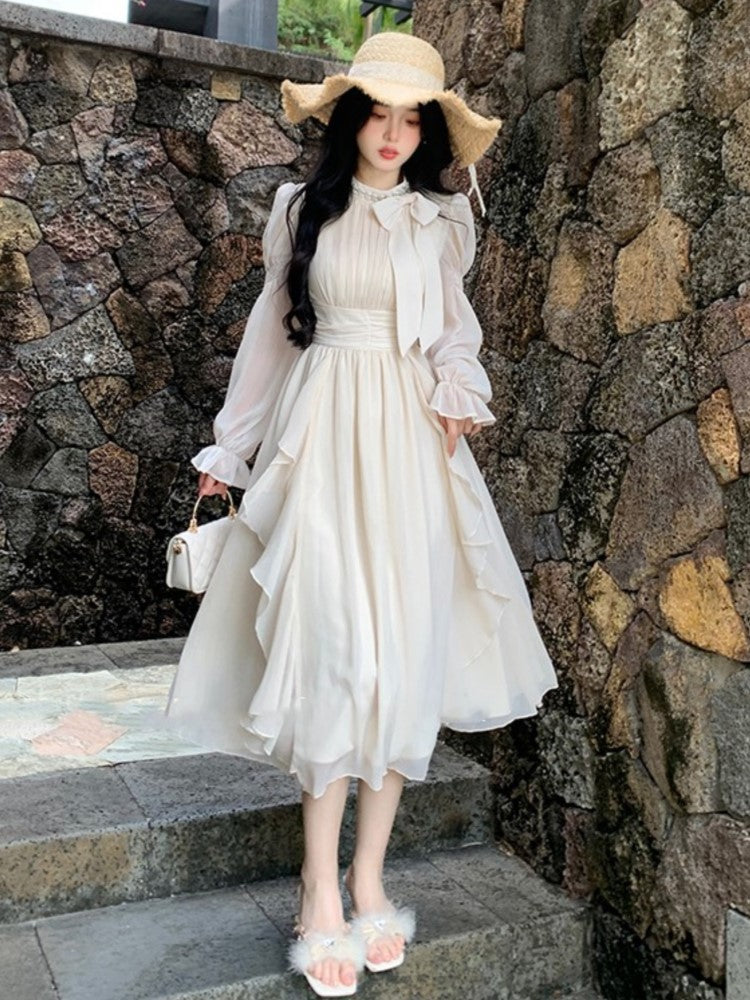BXOXO party look inspos Autumn Chiffon Princess Party Dress for Women Midi Dresses O-neck Bow Puff Sleeves High Waist Ruffles A-line Vestidos Mujer New