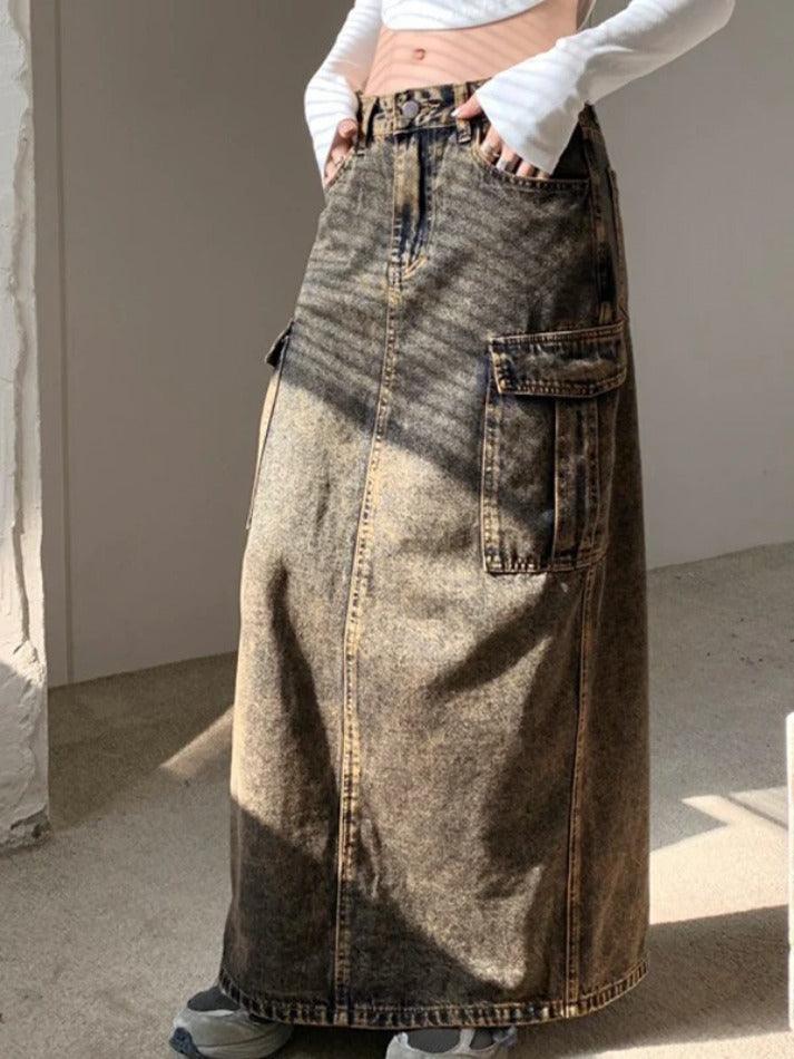 Wash Distressed Big Pocket High Rise Maxi Skirt