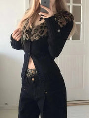 BXOXO Sexy Leopard Knitted Cardigan Vintage Y2k Japanese V-neck Sweater Long Sleeve Streetwear Harajuku Aesthetic 90s Cardigan