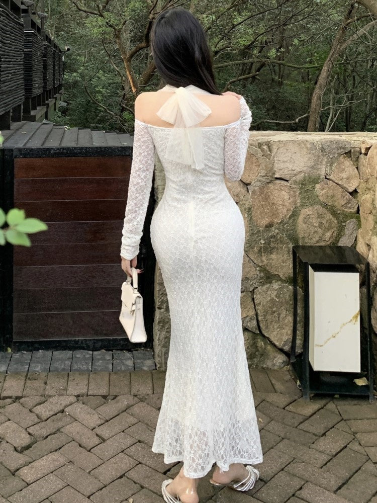 BXOXO party look inspos Elegant Lace Halter Womens Dresses Sexy Mesh Patchwork Long Sleeves Bodycon Mermaid Party Dress Female Casual Vestidos Long Robe