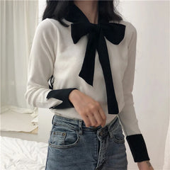 BXOXO party look inspos Korobov Korean Lacing Bow Sweet Women Pullovers Hit Color Basic Long Sleeve Female Sweaters Elegant Patchwork Sueter Mujer