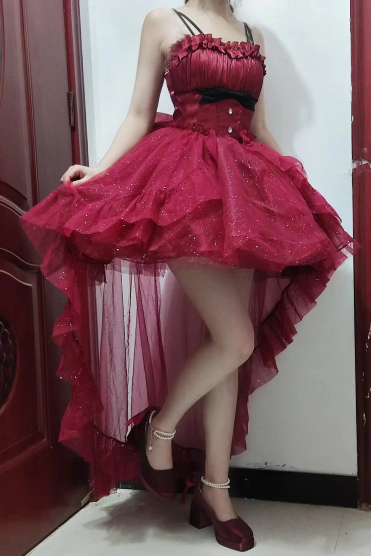 BXOXO - Red Shining Bowknot Irregular Sweet Princess Gorgeous Lolita Jsk Dress (Include Train)