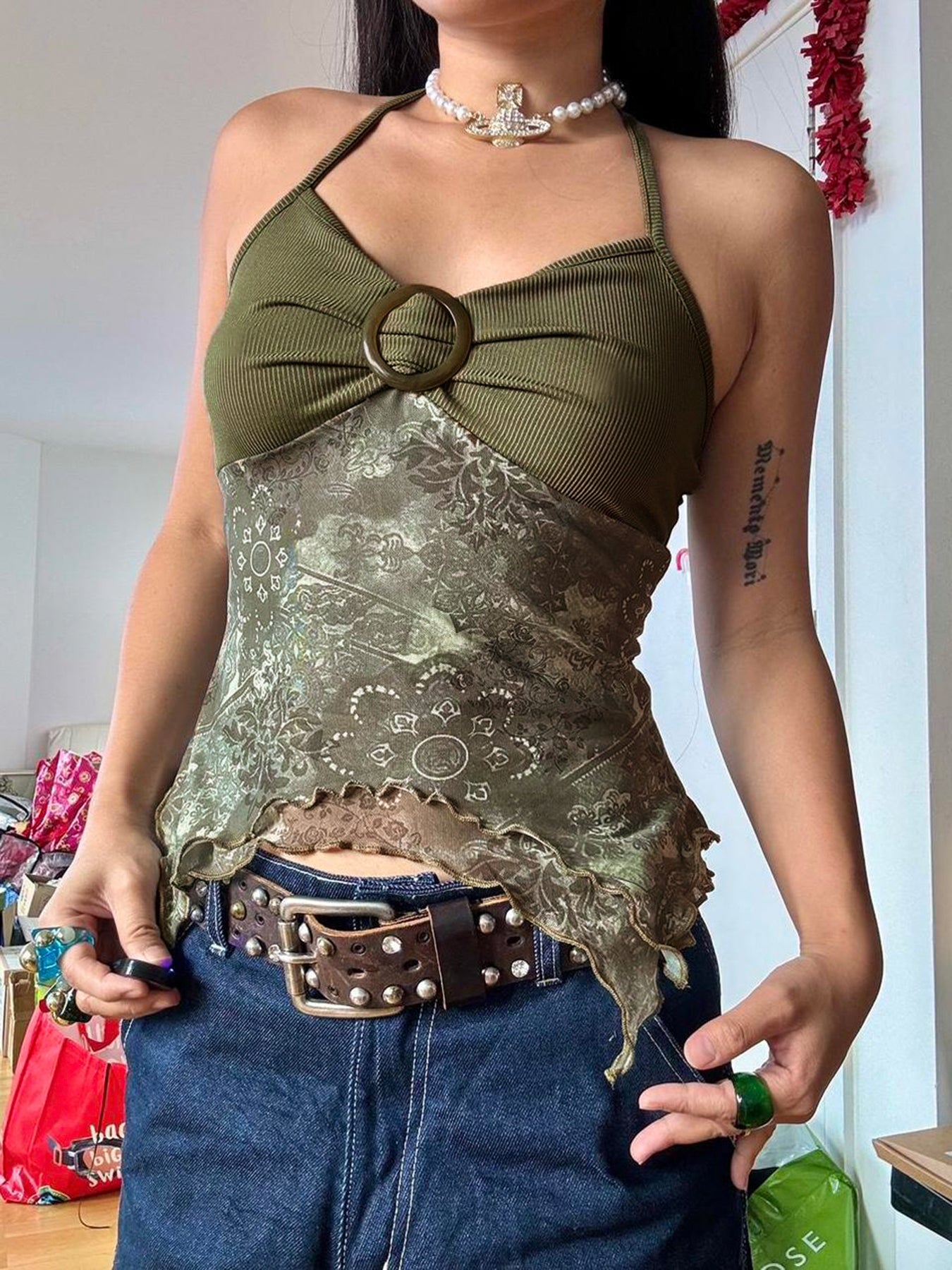 BXOXO - summer inspo Sweetown Retro Forest Green Vintage Print Boho Y2K Camisole Backless Halter Tie Asymmetrical Tops Women Summer Vacation Clothing