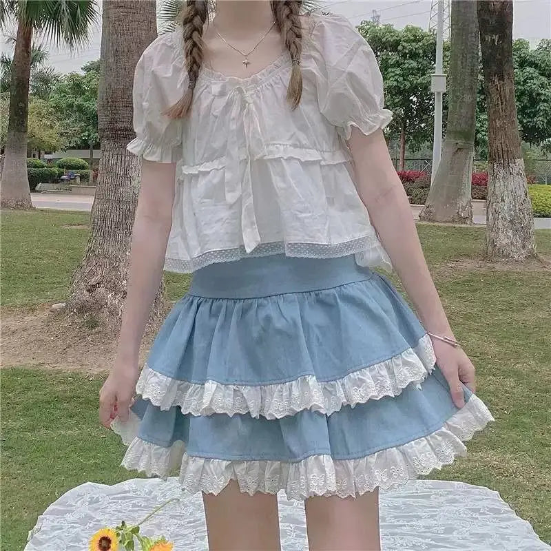 BXOXO Kawaii Lace Skirt Cute Hot Girl Clothing Summer Cake skirt Casual Loose Korea Blue 2000s Sweet Women Skirts Low-waist Y2k Skirts