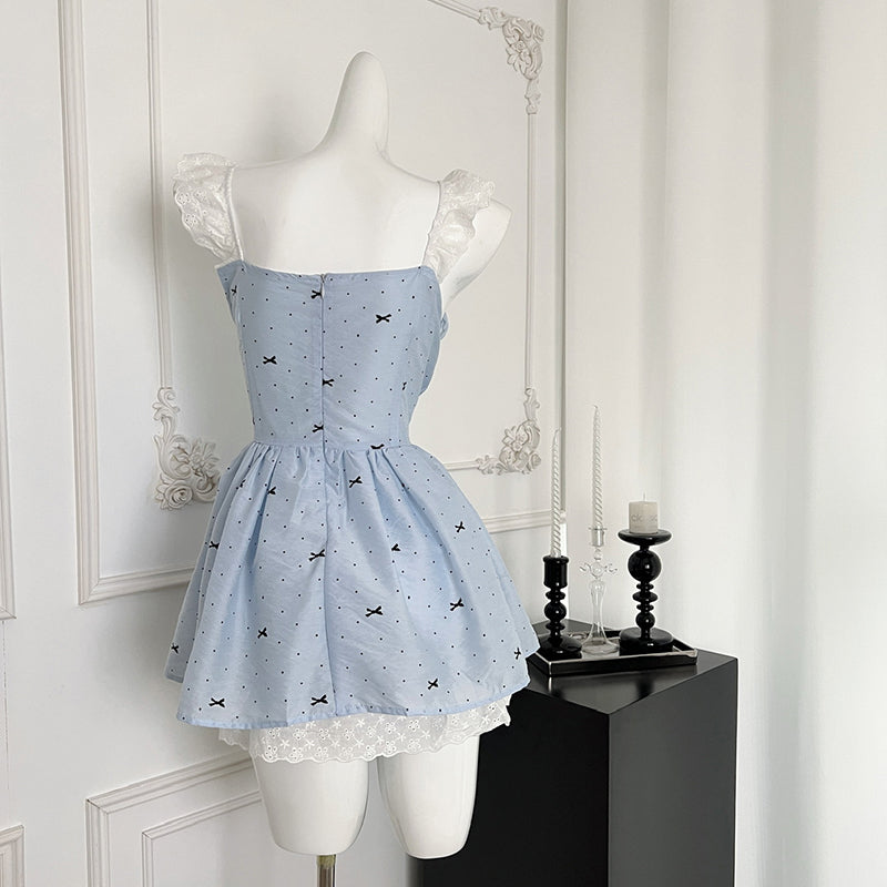 BXOXO - summer inspo Fashion Dresses Women Polka Dot Bowknot Sleeveless Lace Square Collar Slim Vintage Sexy Mini Dress Sweet Party