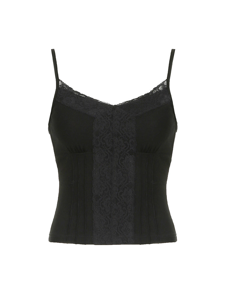 BXOXO - summer inspo Sweetown Black Solid Lace Patchwork Slim V Neck Basic Cute Camisole Women White Y2K Crop Top