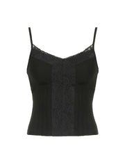 BXOXO - summer inspo Sweetown Black Solid Lace Patchwork Slim V Neck Basic Cute Camisole Women White Y2K Crop Top