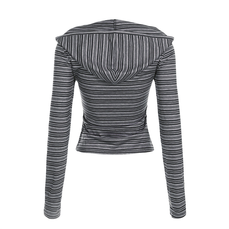 BXOXO - summer inspo Casual Striped Breasted Long Sleeve Hooded T-Shirts Women Design Slim Fit Simple Fashion Blouses