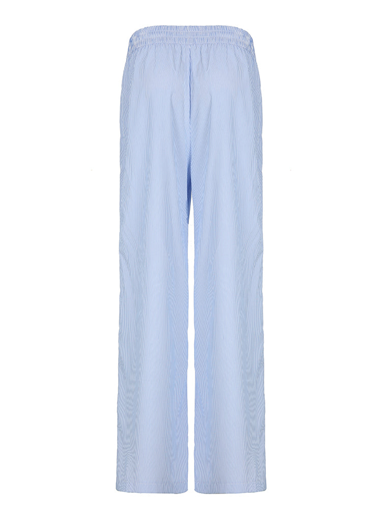 BXOXO - summer inspo Sweetown Blue Stripe Casual Loose Baggy Trousers For Women Button Details Elastic High Waist Boho Fashion Straight Leg Pants