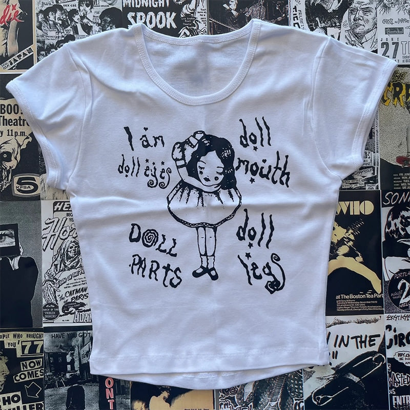 Bxoxo Casual vintage Aesthetic Harajuku Women's Cropped Top Punk Gothic Grunge Cute Girly Baby T-Shirt Geometric Print White Crop Tops
