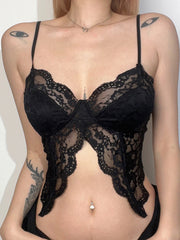 BXOXO - summer inspo Black See Through Sexy Asymmetrical Goth Lace Camisole Women Rave Baddie Outfits Crop Top