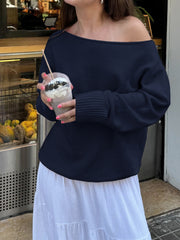 BXOXO - summer inspo Dark Blue Solid Minimalist Style Autumn Winter Sweaters Women White Simple Basic Casual Loose Knitted Pullover Jumpers