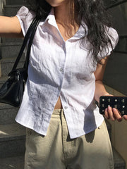 BXOXO - summer inspo Sweetown White Solid Single Breasted Turn Down Collar Casual Shirts Women Simple Puff Sleeve Japanese Y2K Preppy Summer Tops