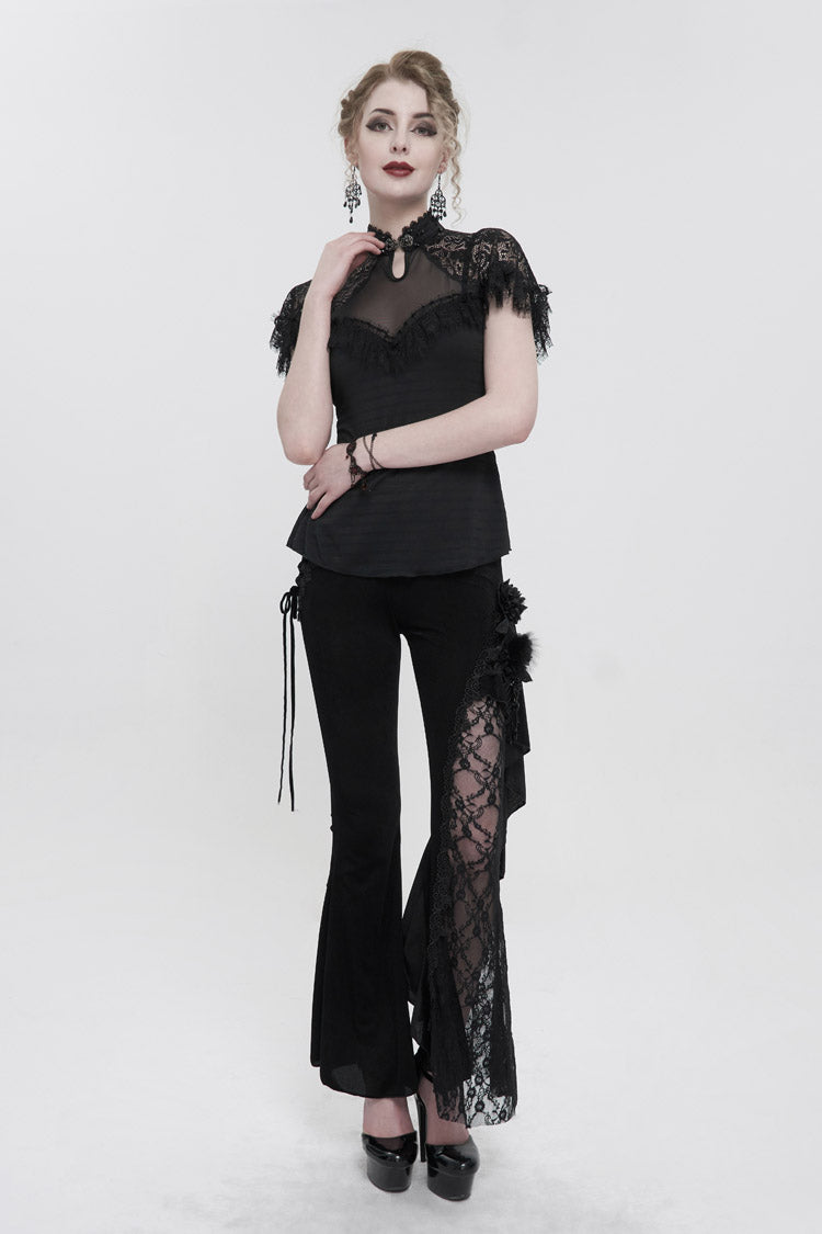 BXOXO Black Velvet Single Side Stitching Rose Net Side Rope Decoration Asymmetric Pattern Flare Women's Gothic Pants