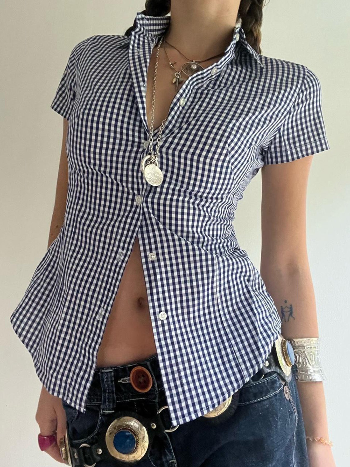 BXOXO - summer inspo Sweetown American Retro Casual Short Sleeve Plaid Shirts For Women Button Up Turn Down Collar Summer Spring Preppy Tops