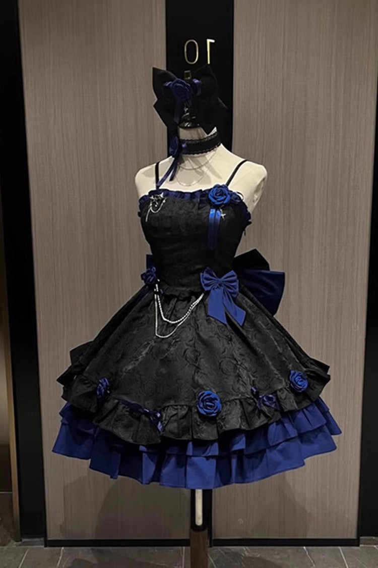 BXOXO - Black/Blue Print Ruffle Bowknot Gothic Princess Lolita Jsk Dress