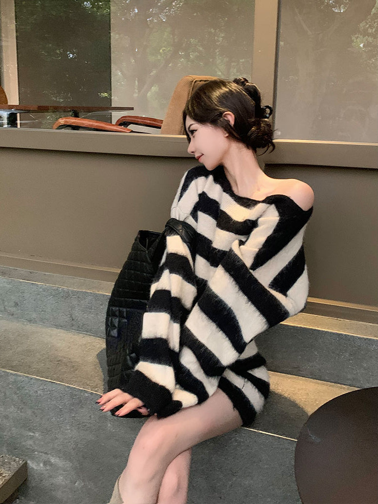 BXOXO party look inspos Striped Knitted Suits Women Casual 2 Piece Dress Set Female Y2k Clothing Korean Fashion Sweater Dress Office Lady 2025 Autumn