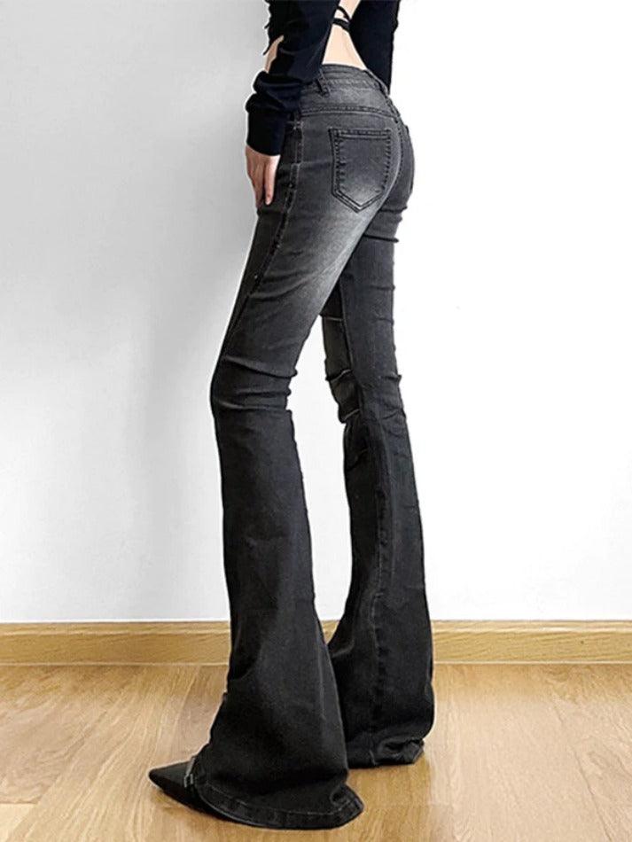 Street Distressed Ruched Splice Low Rise Flare Jeans