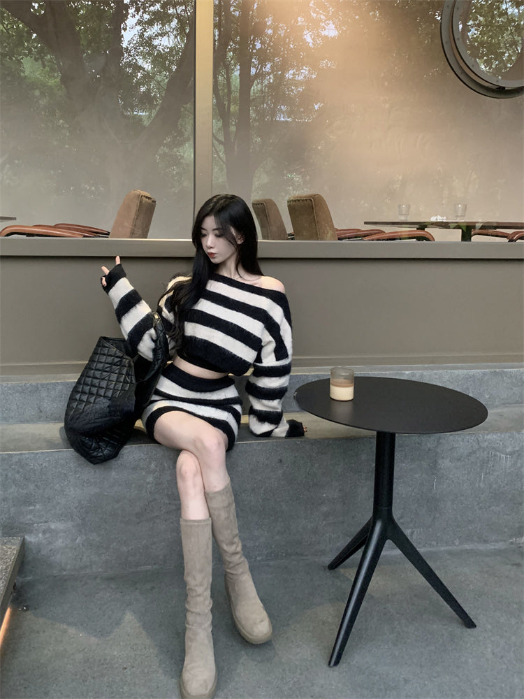 BXOXO party look inspos Striped Knitted Suits Women Casual 2 Piece Dress Set Female Y2k Clothing Korean Fashion Sweater Dress Office Lady 2025 Autumn