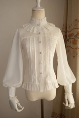 BXOXO - Vintage Princess Stand Collar Long Sleeved Chiffon Lace Lolita Blouse