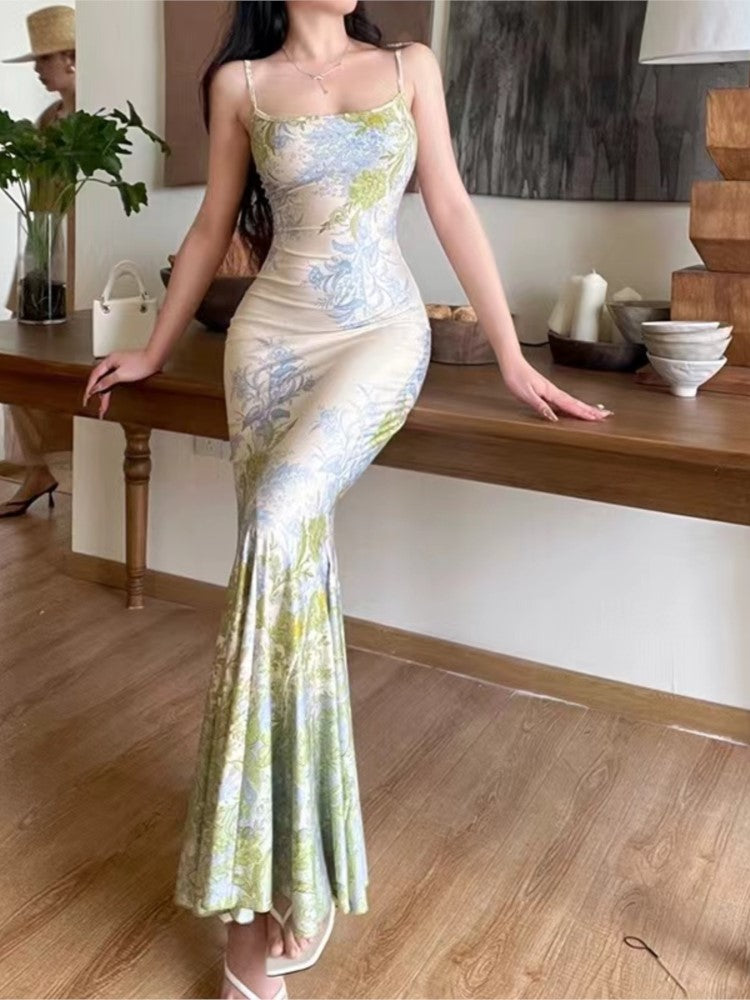 BXOXO party look inspos Fashion New Women Summer Bodycon Slim Long Dress Sleeveless Casual Floral Vintage Fishtail Vestidos Female Party Clothes Robe