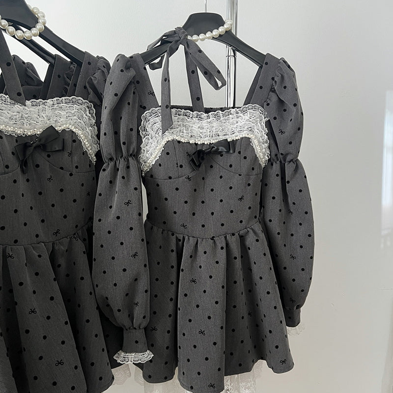 BXOXO - summer inspo Grey Polka Dot Dress Korean Style Retro High Waist Mini Dresses Women Fashion Lace Splicing Long Sleeve Dress