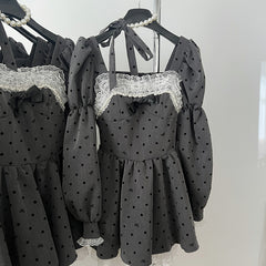 BXOXO - summer inspo Grey Polka Dot Dress Korean Style Retro High Waist Mini Dresses Women Fashion Lace Splicing Long Sleeve Dress