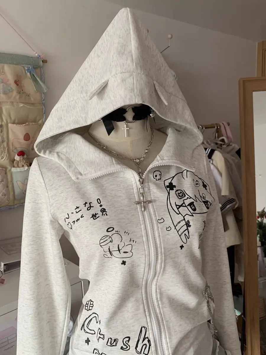 BXOXO Kawaii Hoodie Winte Clothes Vintage 2000s Hoodies Zip Up Hoody Cute Korea Slim Streetwear Sweet Girl Sweatshirts Cat Y2k Tops