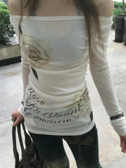 BXOXO Sexy Off Shoulder T-shirt Y2k Vintage 2000s Japanese Street Style Tops Harajuku See Through Long Sleeve Tops Slim Up