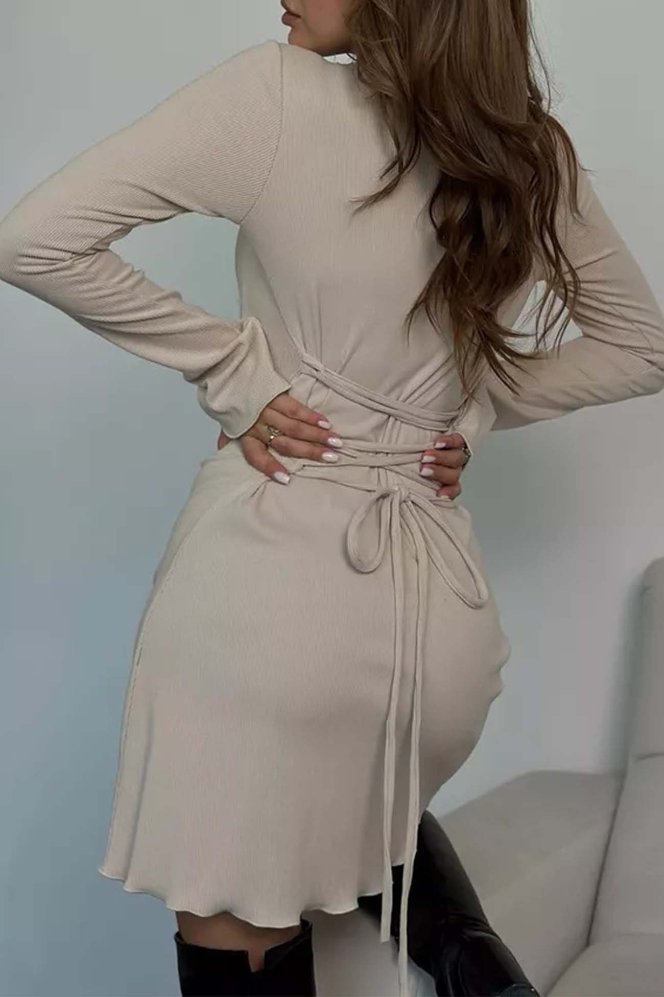 BXOXO - Solid Color Tie-Back Knitted Mini Dress