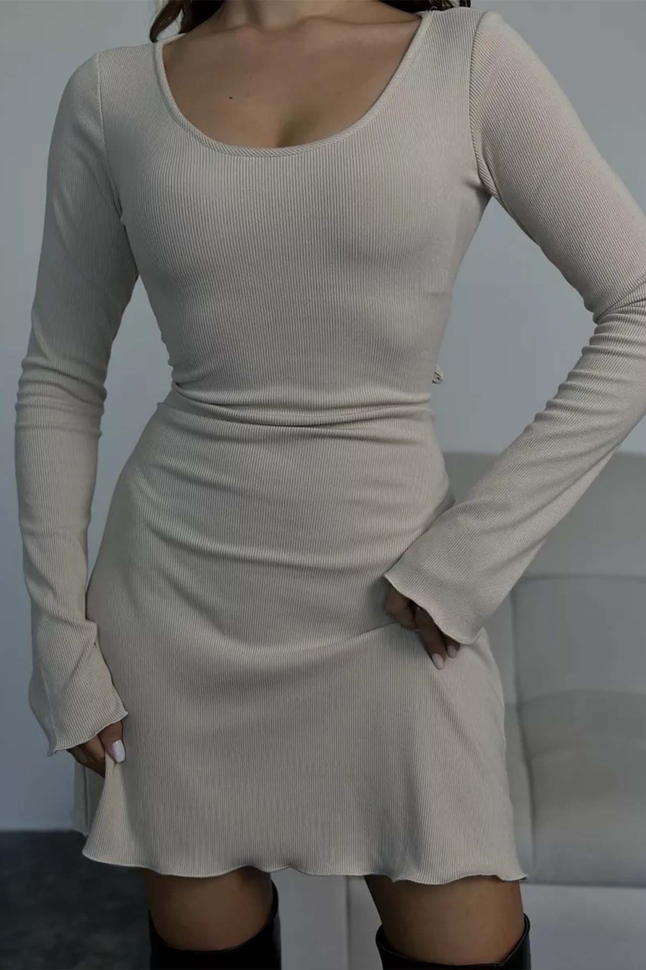 BXOXO - Solid Color Tie-Back Knitted Mini Dress