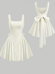BXOXO Elegant Sleeveless Square Neck Dress with Bow Detail, Solid Color Polyester, Summer Wear, Butterfly Knot Decor