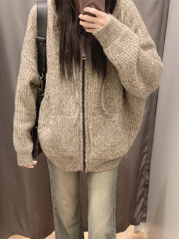 BXOXO Vintage Zipper Hooded Knitted Cardigan Women Casual Oversized Knitwear Preppy Style Solid Warm Sweaters Coat Harajuku