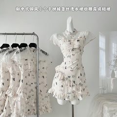 BXOXO - summer inspo Summer 2025 New Chinese Style Short-Sleeved Dress Fashionable Slimming Lace Stitching Mini Dresses