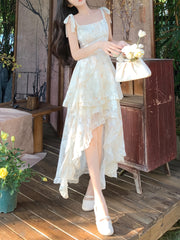 BXOXO [Polyester Off-Shoulder Dress] Sleeveless Polyester Elegant French Floral Jacquard Off-Shoulder Dress - Chic Asymmetrical Ruffle Hem, Casual Elegance, Machine Washable for Spring/Summer