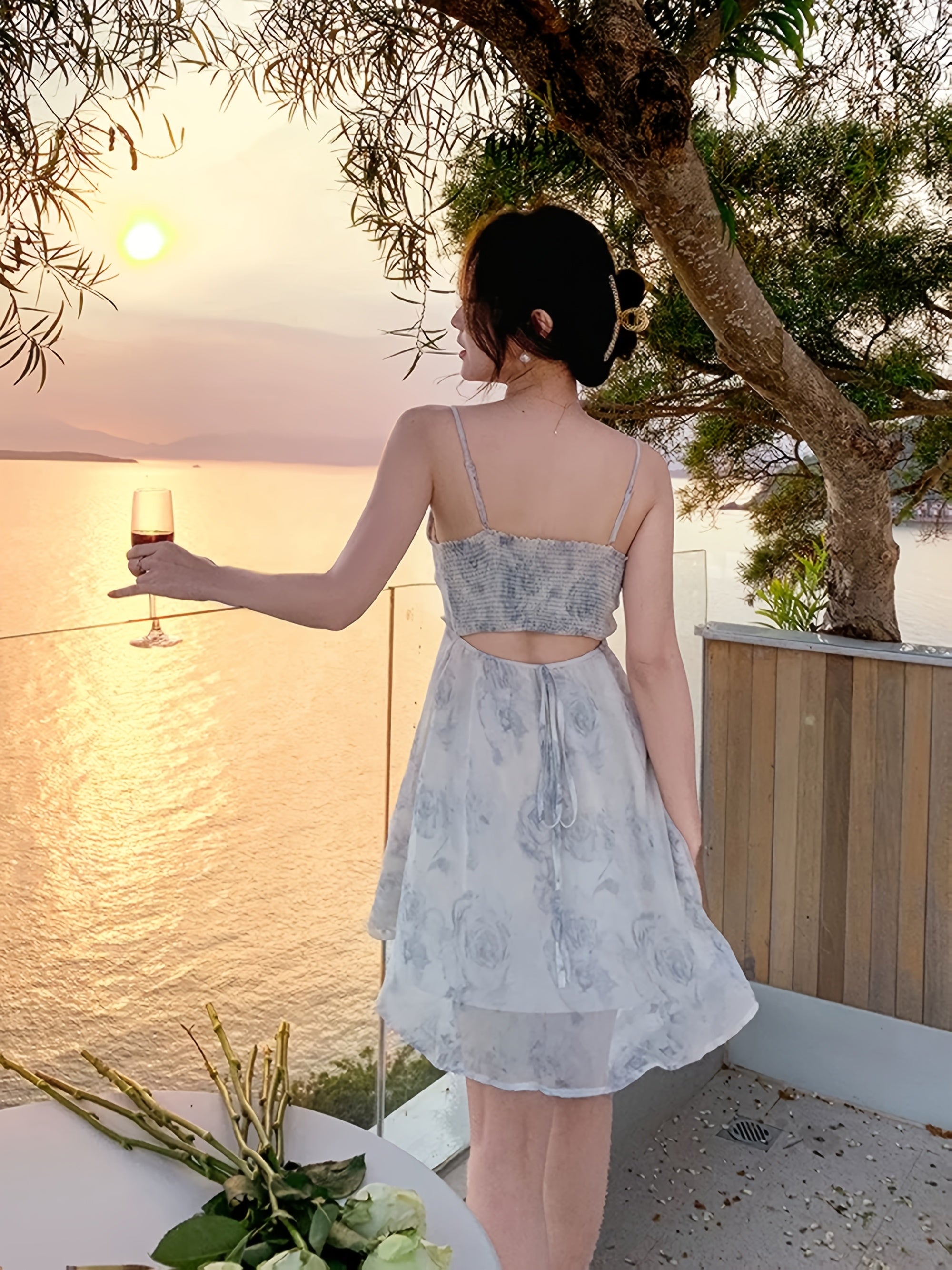 BXOXO [Elegant | Ink Wash] Elegant | A-Line Camisole Dress for Women | Ink Wash Painting Print Mesh Spliced Design, Featuring a Back with Adjustable Hollow Sexy Shoulder Straps