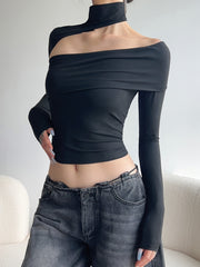 BXOXO [1pc Off-Shoulder T-Shirt] 1pc SassyGals Sexy Asymmetric Off-Shoulder T-Shirt for Women - Knit Polyester, Short Length, Solid Color, Slim Fit, Spring/Summer Fashion Top